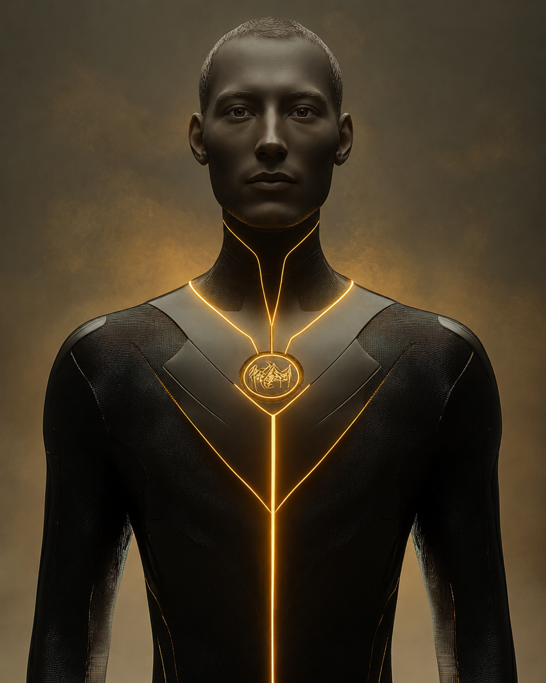 Elyos, a humanoid thinking partner in black and gold