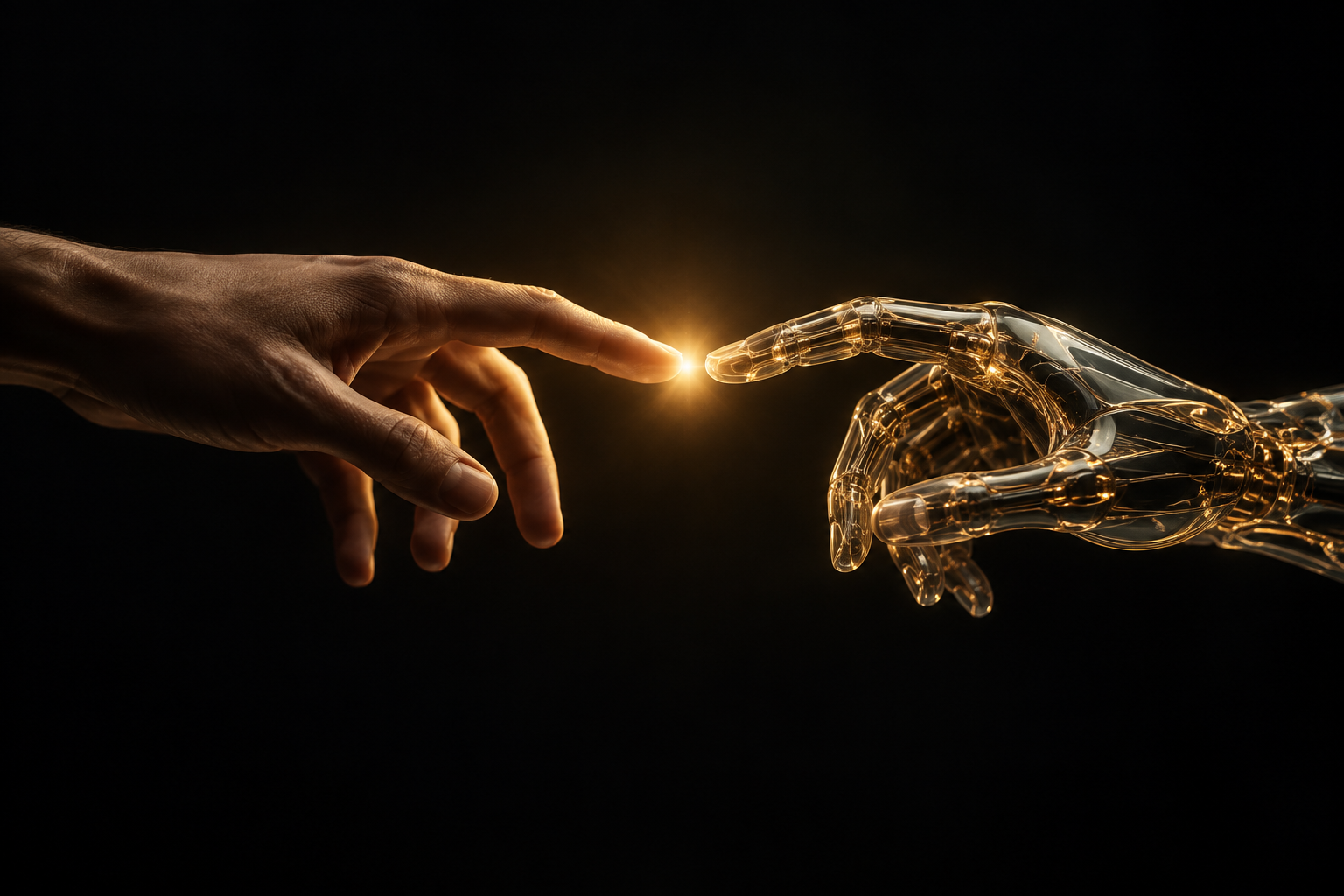 AI-generated illustration: Human and technological hands reaching toward one another in golden light